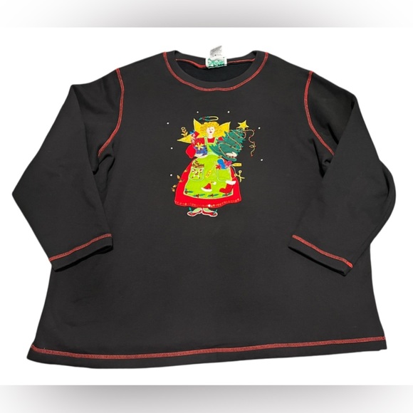 Vintage The Quacker Factory Christmas Angel Embellished Black Sweatshirt 90s - Picture 1 of 7